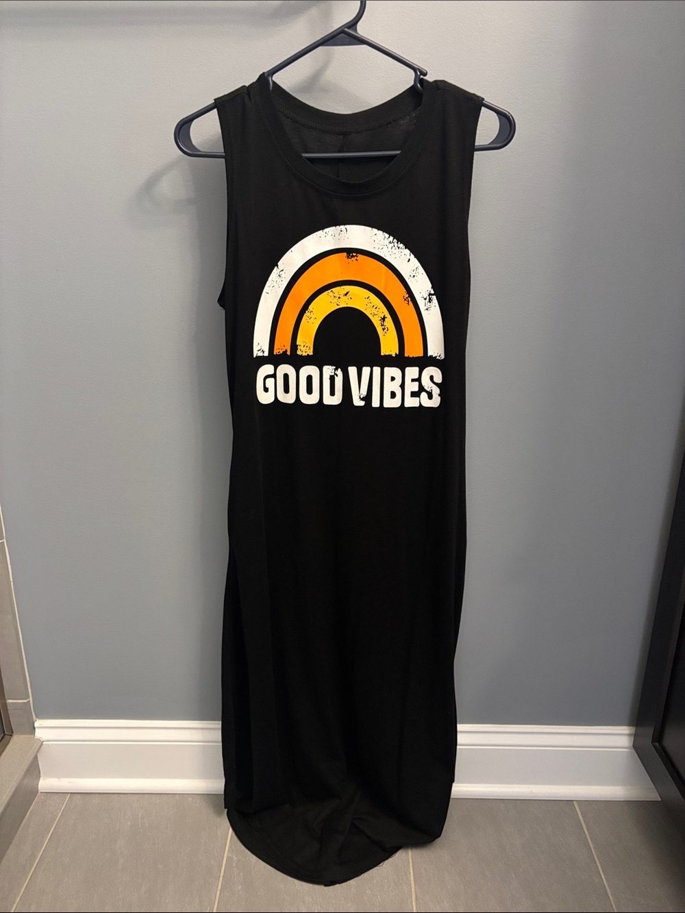Good Vibes Black Maxi Dress with Retro Rainbow Graphic